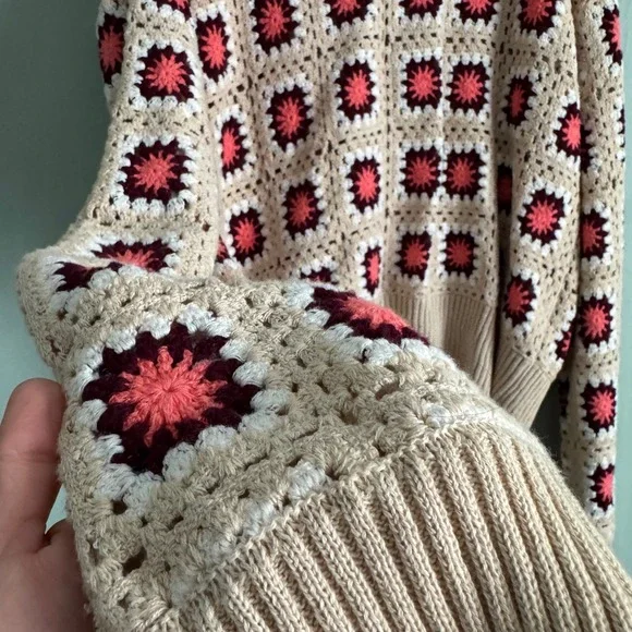 PacSun Womens Large Crochet Granny Square Cardigan Pink Tan Cotton Knit Sweater - Picture 13 of 13